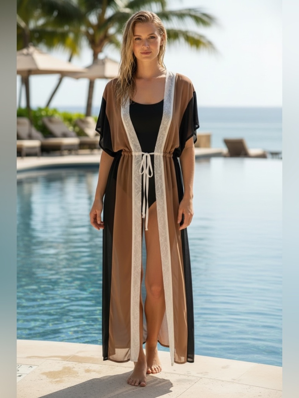 Swim cover up Black and Brown Sheer Kimono dress gathered waist tie size medium